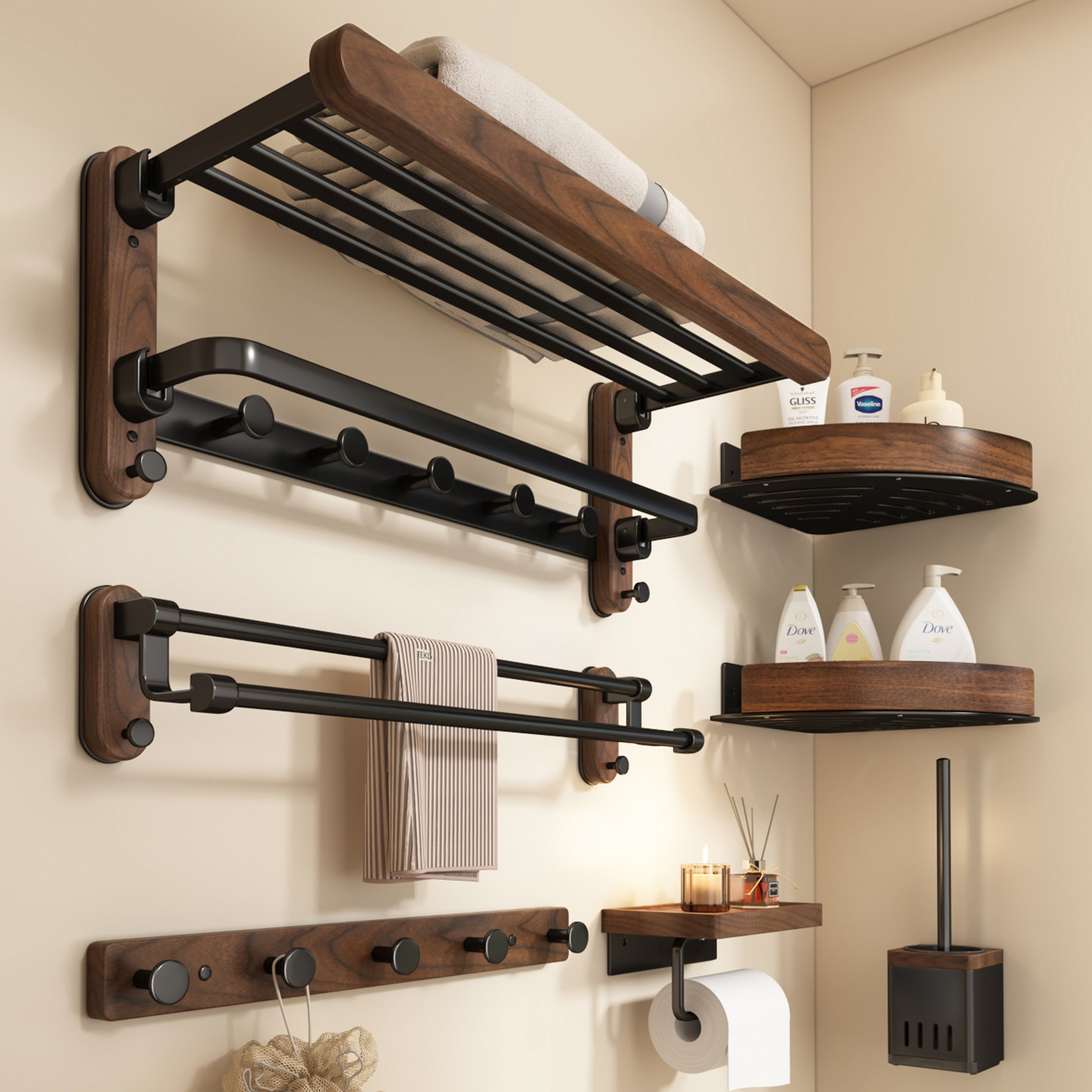 德国YOUQIN胡桃木毛巾架卫生间免打孔浴室置物架厕所浴巾收纳挂杆