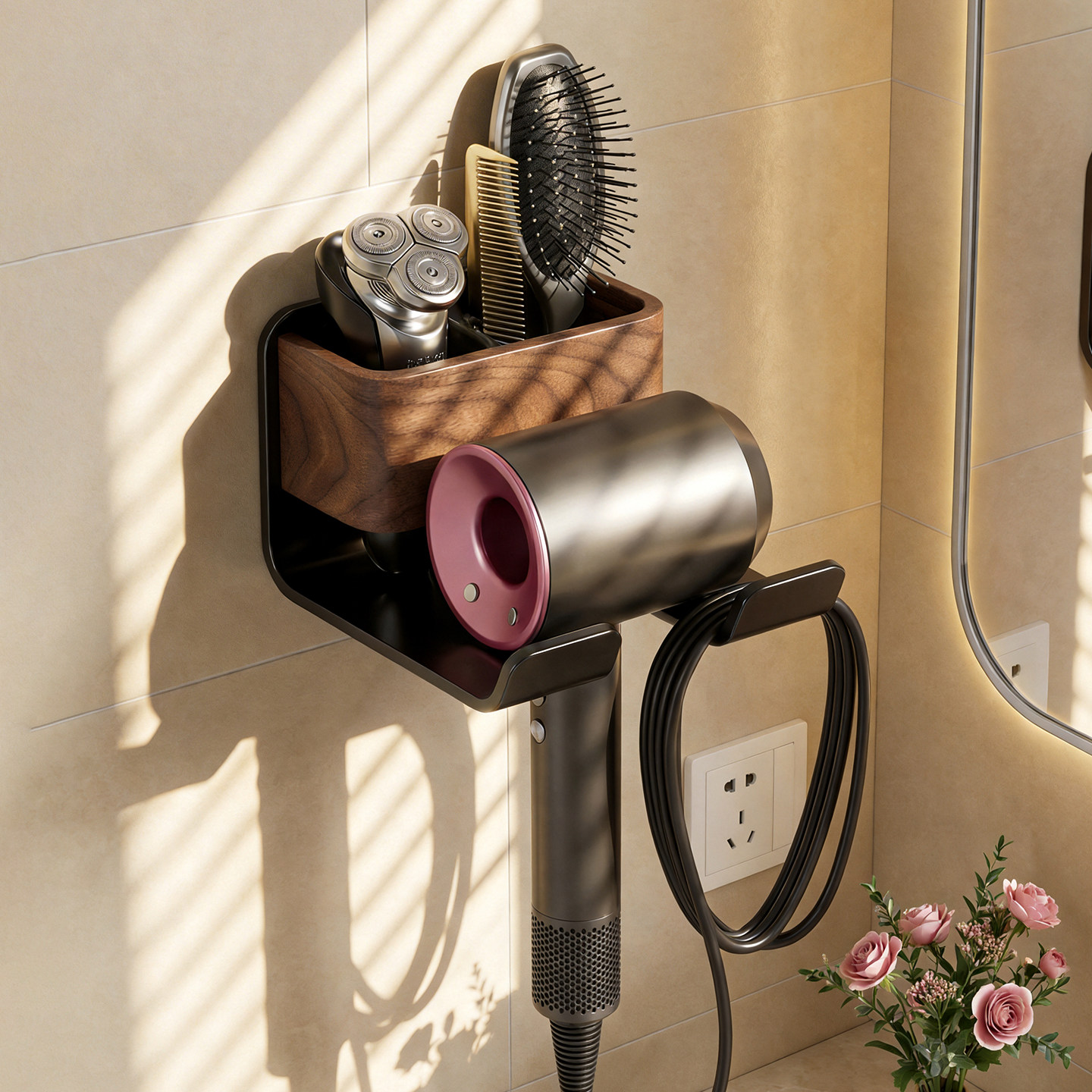 中古风吹风机置物架卫生间免打孔电吹风收纳架浴室风筒壁挂架支架