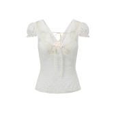 复古V领蕾丝花边小泡泡袖 b.Fleurs yeye 新款 法式 短袖 上衣