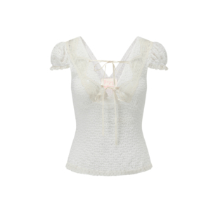 yeye by b.Fleurs 新款法式 复古V领蕾丝花边小泡泡袖短袖上衣