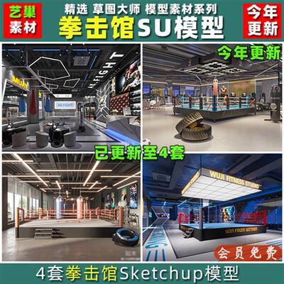 草图大师 健身房沙袋拳击馆跆拳道擂台馆室搏击拳击台 SU模型素材