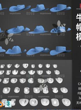 40个blender各式牛仔帽子遮阳帽3D立体c4d模型obj格式fbx素材白模