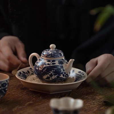 霖松堂凤穿花卉系列景德镇手绘陶瓷茶具养开片花口茶杯思梨泡茶壶