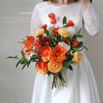 英式手捧手拿仿真花|新娘结婚庆摄影家居客厅摆件道具暖阳橙红