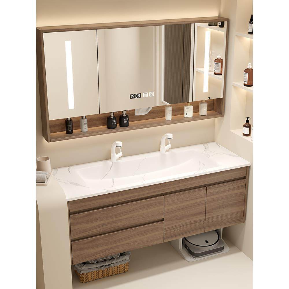 定制岩板热弯一体大单盆双龙头浴室柜组合智能镜柜洗手漱脸池台盆饰品