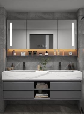 轻奢卫生间岩板一体浴室柜组合洗脸洗手池洗漱台双盆卫浴柜1.5米饰品