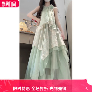 温柔风不规则挂脖连衣裙女夏日绝美公主裙海边度假网纱长 法式