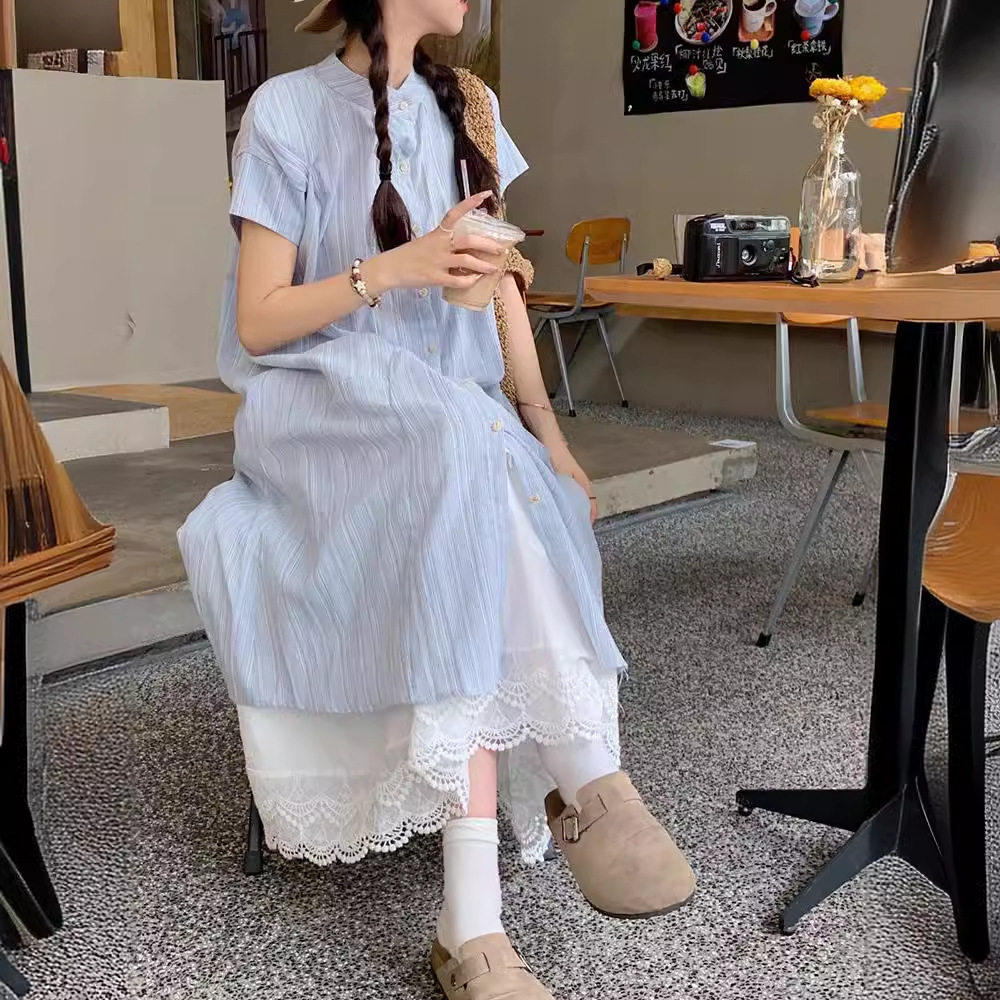 蓝色条纹短袖衬衫连衣裙女夏季2衬衫