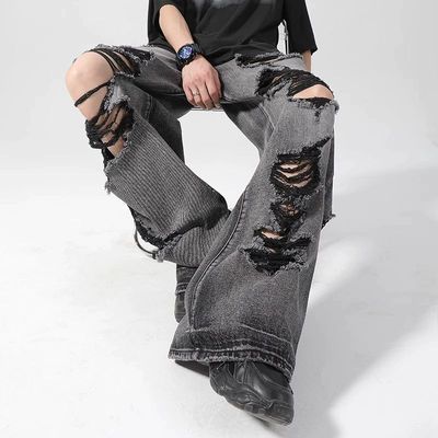 黑灰色破洞牛仔裤男夏天薄款亚文化废土风裤子美式高街vibe微喇裤