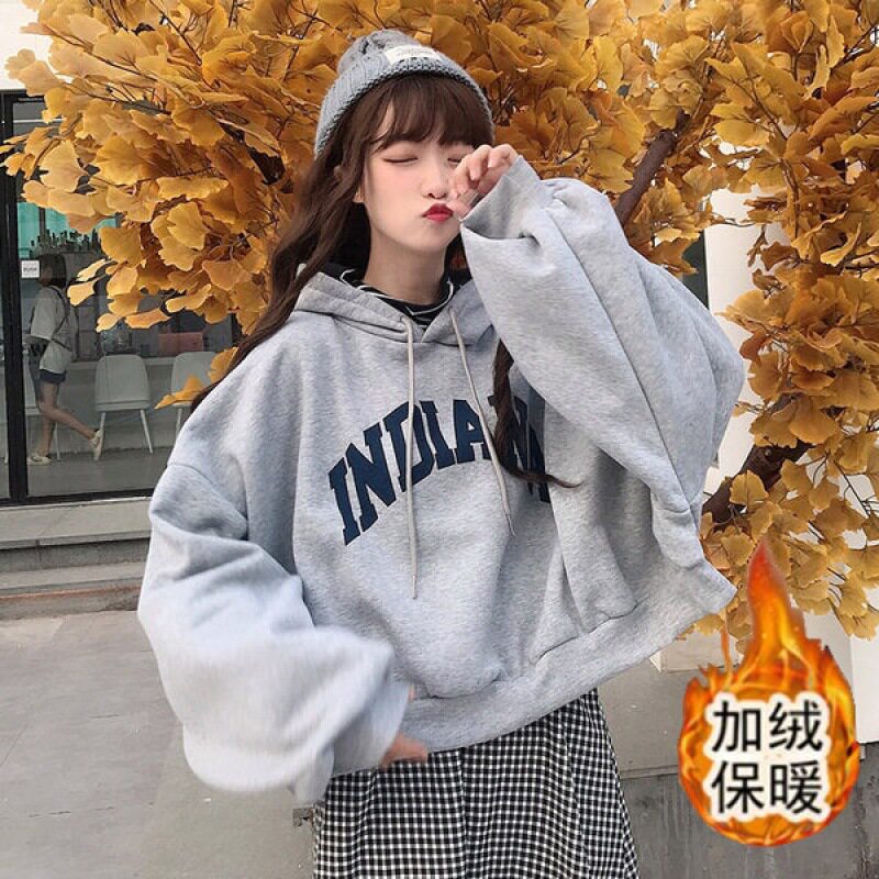 韩版加厚假两件条纹拼接卫衣2023新款女连帽卫衣慵懒风印花外套