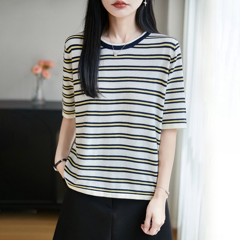2026新款条纹撞色针织短袖T恤女夏季薄款精仿针织衫大码女装上衣