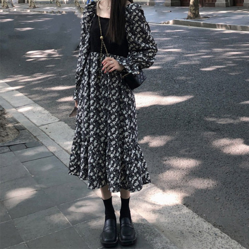 2024春季收腰显瘦气质雪纺连衣裙女秋季内搭抹胸拼接长款碎花裙子