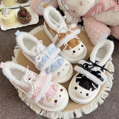 焦糖布叮Lolita原创【熊熊派对】学生平底可爱lo跑棉鞋运动鞋冬季