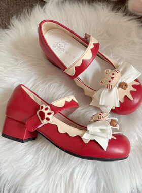 全款现货】焦糖布叮Lolita原创正版奶芙小猫低跟小皮鞋lo鞋粗跟jk