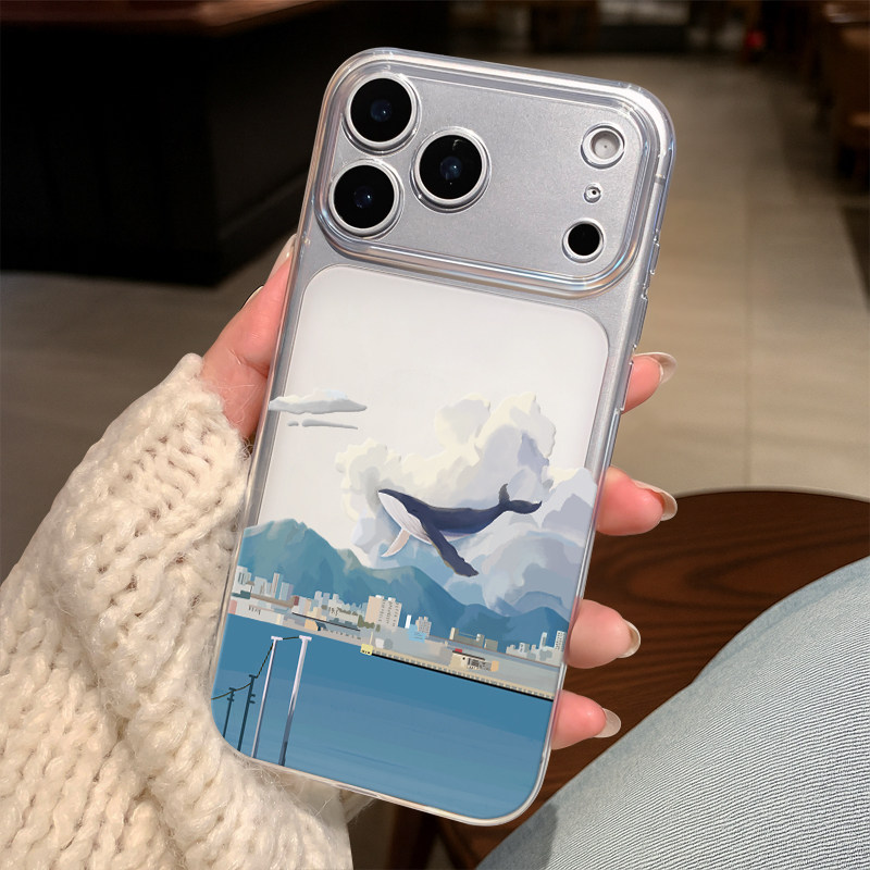 适用苹果17promax鲸鱼手机壳iphone15pro镜头全包16治愈日系风13蓝色大海14pro情侣手机壳15透明17Pro文艺女