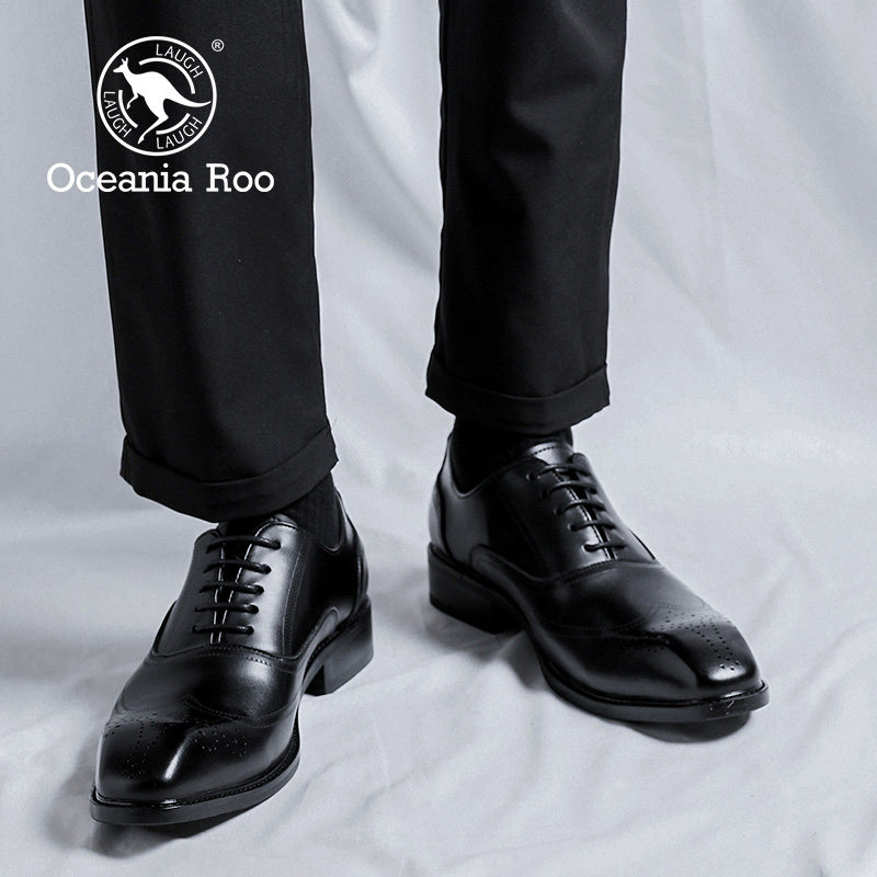 KANGAROO PREMIUM MENS SHOES AUTUMN AND WINTER BROWN RETRO POINTED TOE BUSINESS FORMAL WORK LEATHER SHOES INCREASE HEIGHT CASUAL MARRIAGE