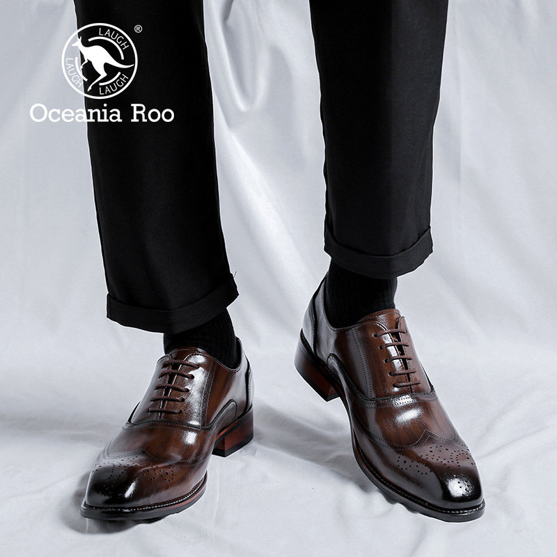 KANGAROO PREMIUM MENS SHOES AUTUMN AND WINTER BROWN RETRO POINTED TOE BUSINESS FORMAL WORK LEATHER SHOES INCREASE HEIGHT CASUAL MARRIAGE