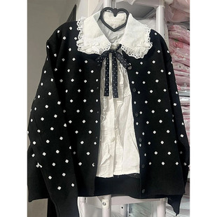 宋正恩黑色波点巨好看针织开衫外套女早秋韩系氛围感毛衣上衣