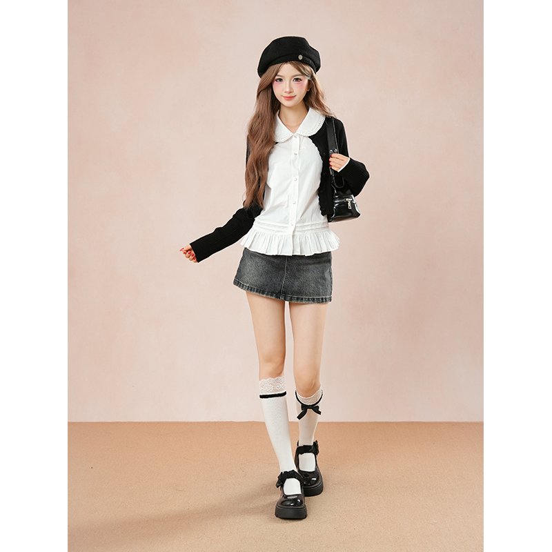 迟伞伞25/fw 绢羽笔尖 小卓花边拼纱下摆刺绣领纯棉白衬衫上衣