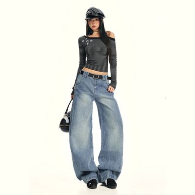 BWKA美式复古竹节纹弯刀阔腿牛仔裤女男秋季解构设计感廓形香蕉