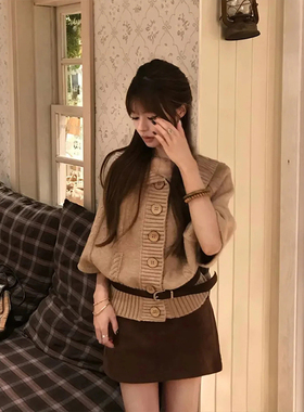 烟熏桃桃 Embertia 女秋季中古棕色针织上衣斗篷宽松中袖毛衣外套