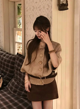 针织斗篷毛衣外套+短裙两件套女