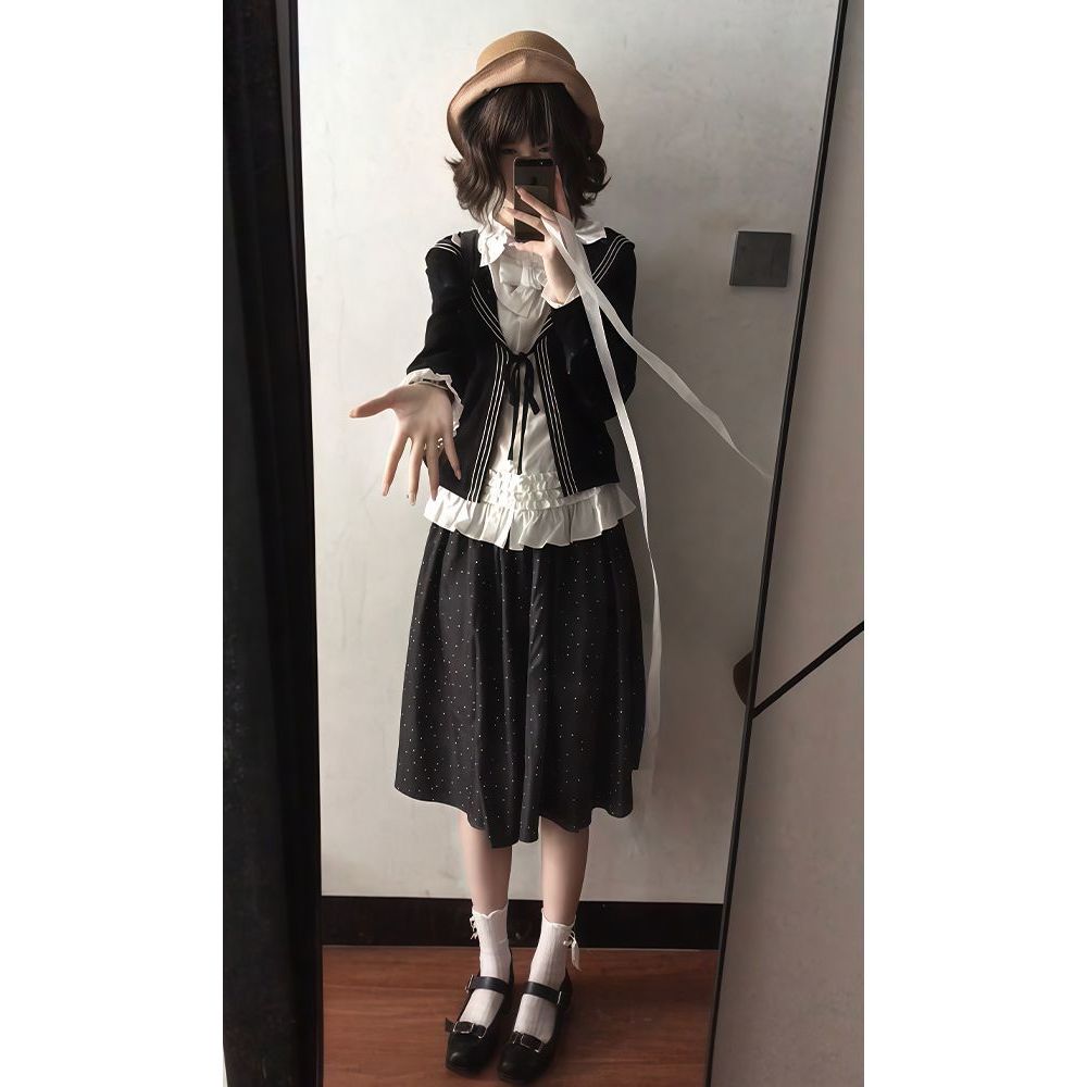 【百搭底码】韩系学院风套装女秋季针织开衫白色衬衫波点半身裙子