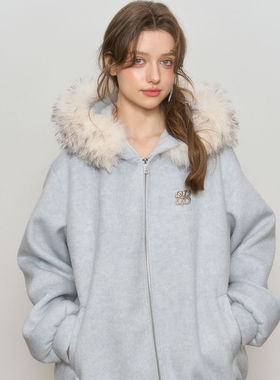 QDQD 原创连帽毛领羊毛呢子大衣夹棉加厚保暖秋冬季拉链卫衣外套