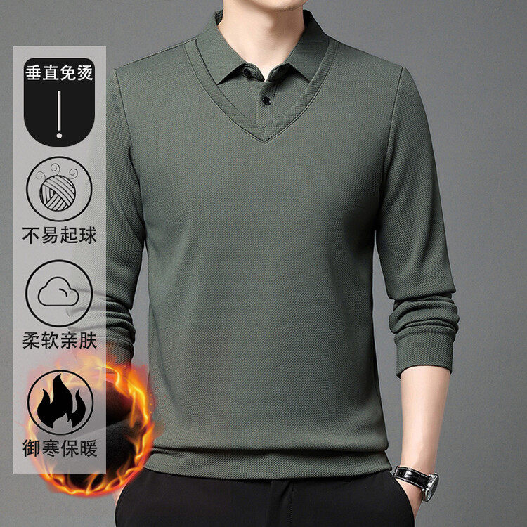 2025年中年男商务休闲长袖假两件T恤衬衫衫领爸爸装棉质加绒上衣