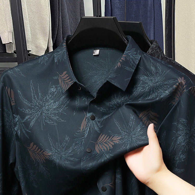 春装新款男士长袖衬衫免烫高档休闲印花衬衣弹力抗皱潮流寸衫男装