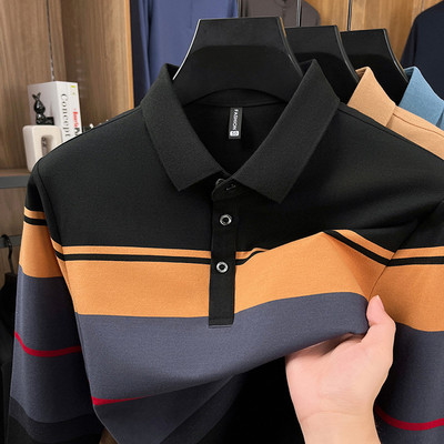 美国保罗秋季新款条纹长袖T恤男亲肤透气商务休闲中老年爸爸上衣