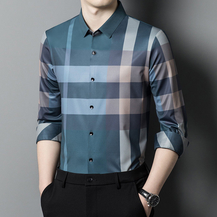 春夏季桑蚕丝无痕长袖衬衫男士秋季商务休闲免烫抗皱中年大码衬衣