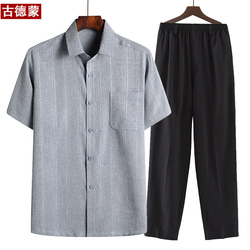 중노년 셔츠 남자 아빠 하복 노인 남자옷 할아버지 면마 루즈한 캐주얼 반팔 양복