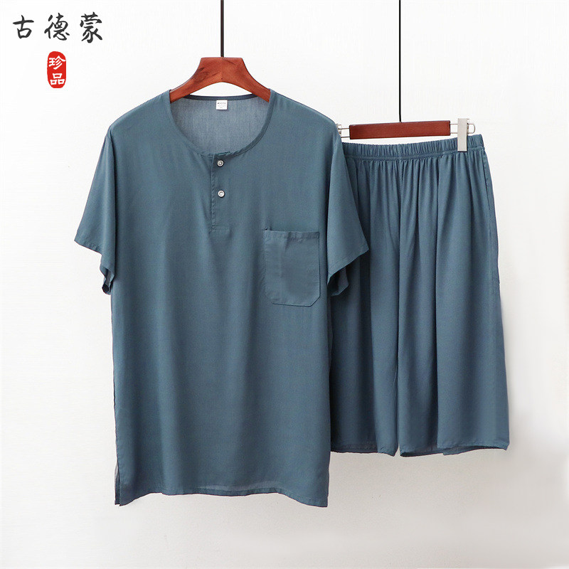 중년 및 노인 남성 여름 옷 아빠의 얇은 면 실크 반팔 상의와 반바지 정장 할아버지의 면 실크 에어컨 가정복