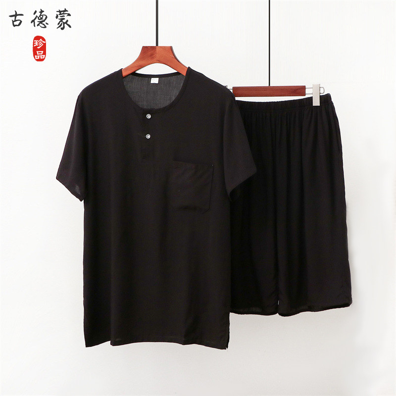 중년 및 노인 남성 여름 옷 아빠의 얇은 면 실크 반팔 상의와 반바지 정장 할아버지의 면 실크 에어컨 가정복