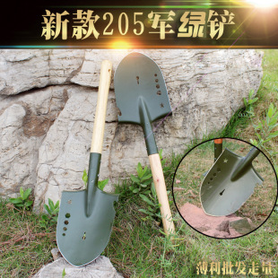 军绿木柄铁锨尖锹 抗洪防汛植树配套户外铲63公分长工兵铲新款