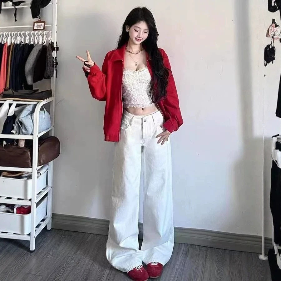 白色垂感牛仔裤直筒修身美式vibe风裤子女2026春夏季款高腰直筒裤