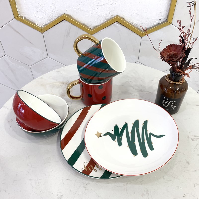 北欧创意复古风圣诞餐具家用陶瓷碗单个碗碟饭碗个性早餐盘子菜盘