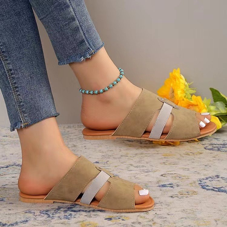 欧美大码露趾皮带扣一字拖鞋女复古平底外穿沙滩凉拖slippers