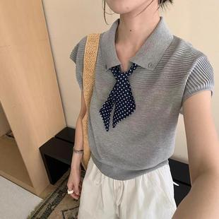 t恤女夏季 灰色气质POLO衫 针织短袖 宽松1 高级感冰丝 4吋套筒扳手袖