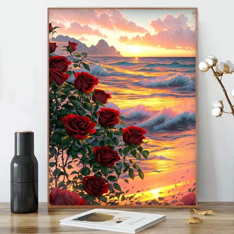 钻石贴画夕阳玫瑰手工钻石画diy满钻带框自粘ins客厅装饰朋友礼物