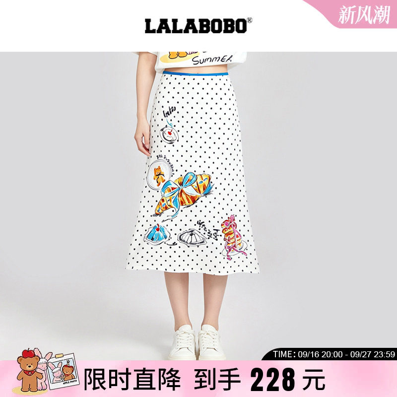 中长半裙波点手绘印花A字半身裙