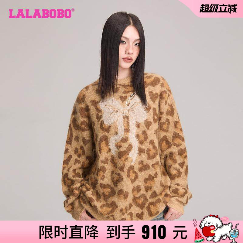 LALABOBO豹纹蝴蝶结圆领长袖毛衣