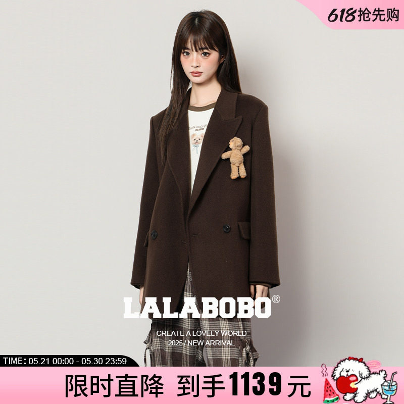 【商场同款】LALABOBO25年冬新款羊毛咖色大衣玩偶熊西装毛呢外套
