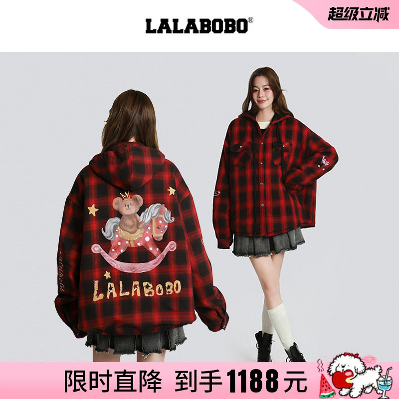 【新年红色】LALABOBO25年冬新款格纹夹棉衬衫女宽松连帽棉服外套