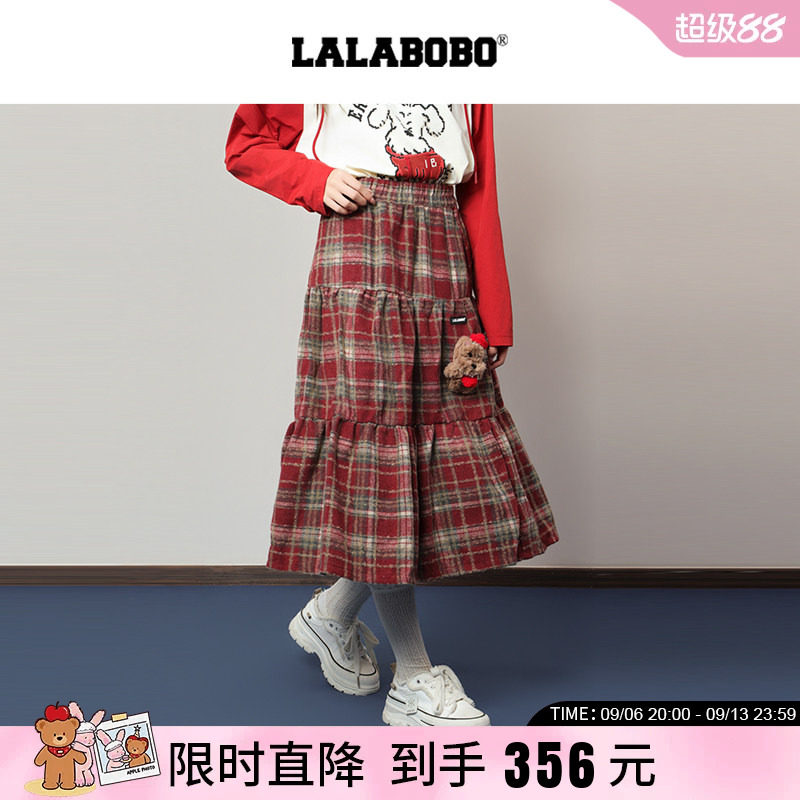【商场同款】LALABOBO25年秋新款中长裙女复古格纹半身裙