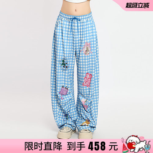 蓝色格纹印花显瘦休闲裤