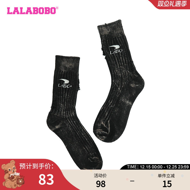 LALABOBO2023冬季新款保暖休闲黑色logo复古中筒袜女|LBCD-WQWD15 - 封面