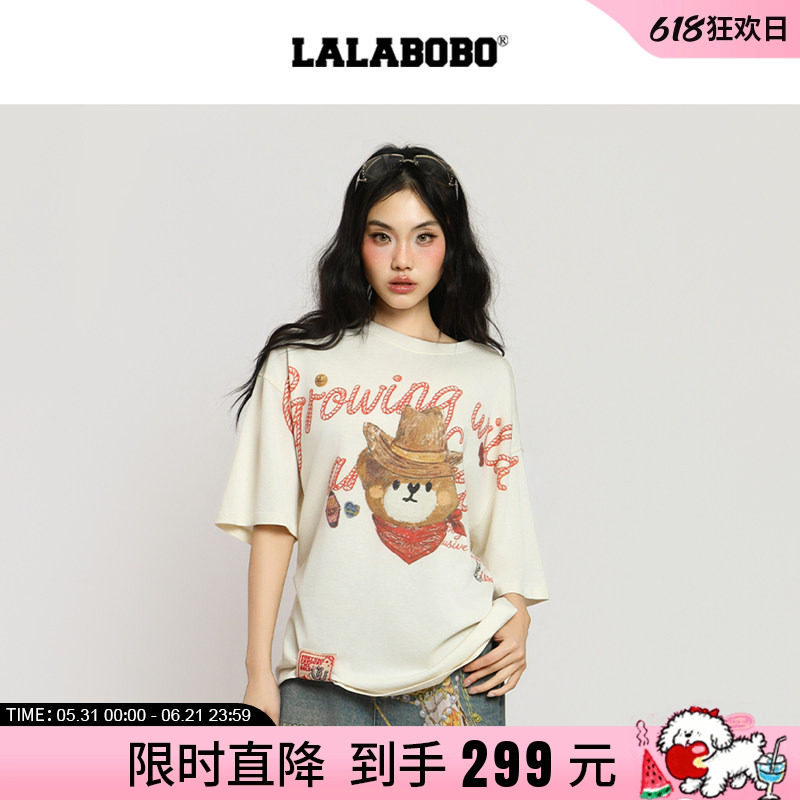 【商场同款】LALABOBO26年春新款短袖女可爱西部小熊印花宽松T恤