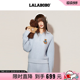【商场同款】LALABOBO25年冬新款针织上衣女小熊短款修身蓝色毛衣